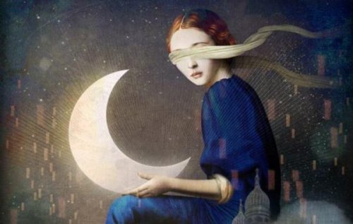 A woman holding the moon with a blindfold on.