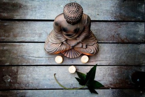 De otte dharmaer illustreres af Buddha statue