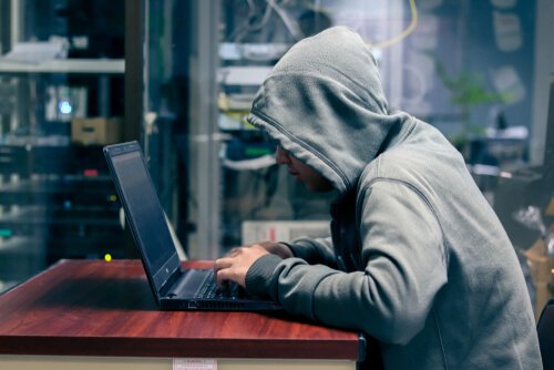 Social media troll working on computer.