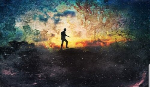 A man walking in a colorful scenery.
