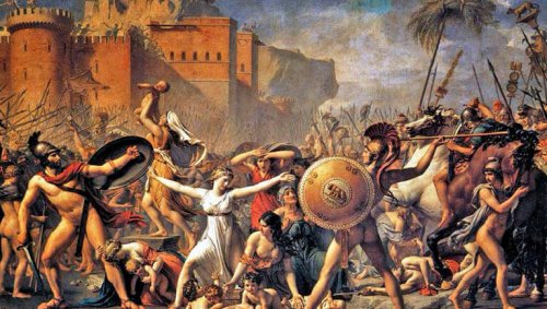 A painting of soldiers attacking women.