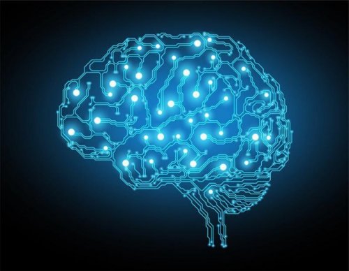 A brain lit up with blue lights.