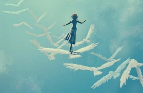 A girl flying on top of birds in the sky.