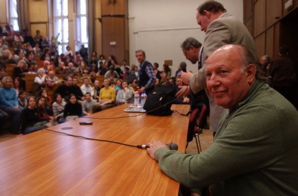 Imre Kertész at a conference.