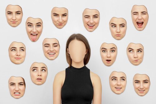 A woman with a blank face, surrounded by different facial expressions.