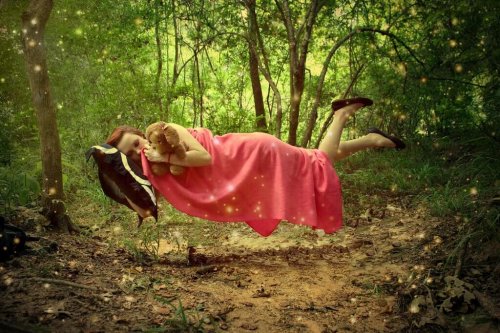 A floating woman sleeping in the forest due to her suprachiasmatic-nucleus.