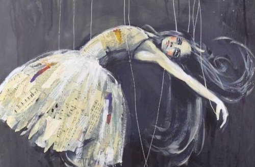 A woman being held up by strings, like a puppet.