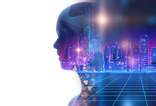 A person's silhouette full of buildings.