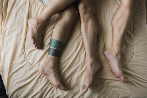 Two men in bed together.