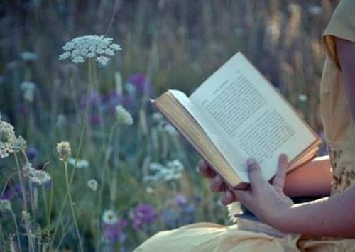 kvinde der læser udenfor blandt blomster