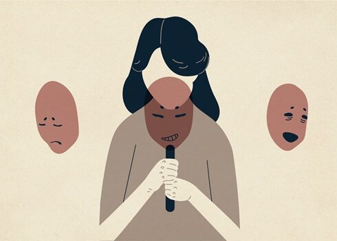 A woman with three masks.