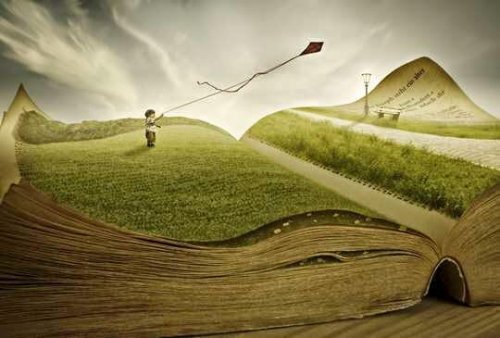 A boy flying a kite over a book landscape.