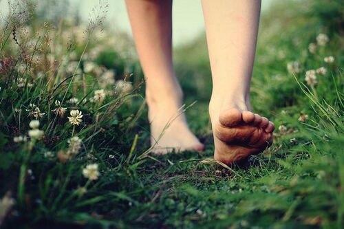A picture showing someone from the calves down, walking barefoot in the grass.