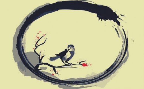 A bird inside the ensō circle.
