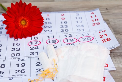 A calendar. flower, and tampons.