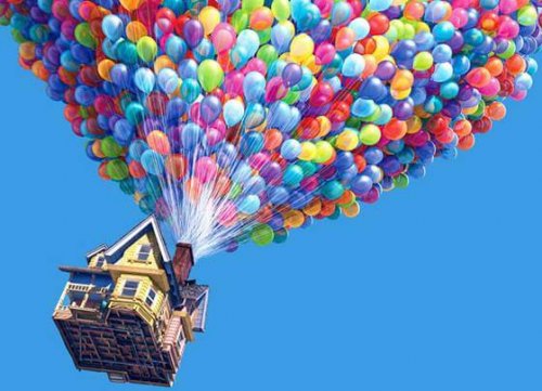 The film 'Up' represents the act of honoring the memory of a loved one. In this photo, the house where Ellie and Carl lived is being transported to Paradise Falls with the help of balloons.