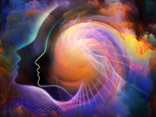 An illustration showing various outlines of heads with a spiraling, colorful, cloud in the background.