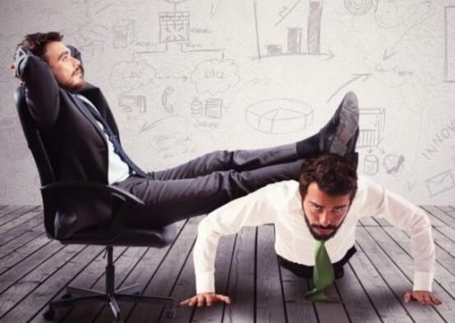 An incompetent boss steping on a hardworking employee representing Peter principle.