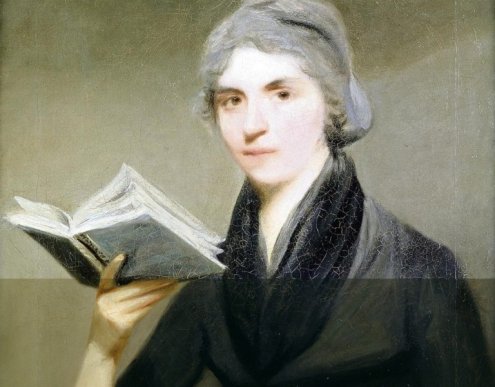 A portrait showing Mary Wollstonecraft with a book in her hand.