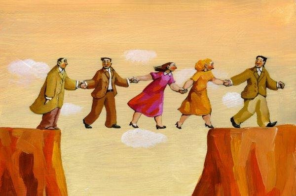 An illustration showing people holding hands to cross over the gap between two cliffs.