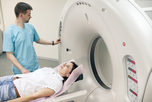 Woman doing MRI test.