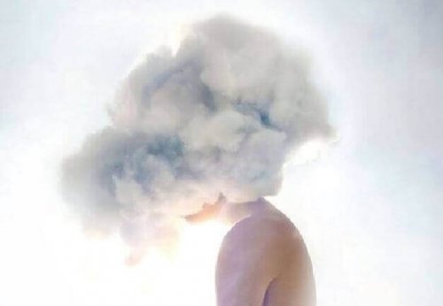 A woman with clouds covering her head.
