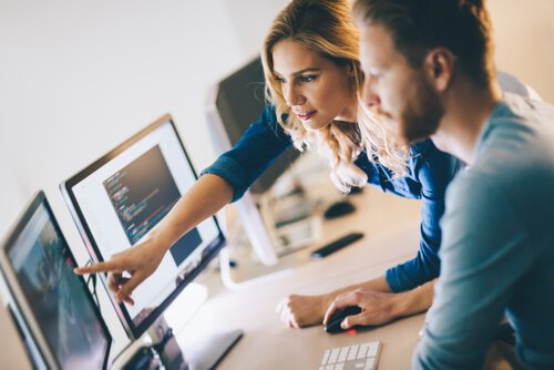 Two people looking at a computer screen.