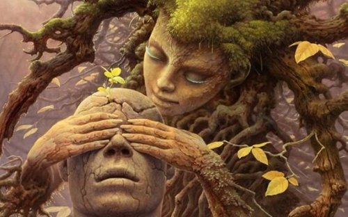 A female tree covering the eyes of a bald person.