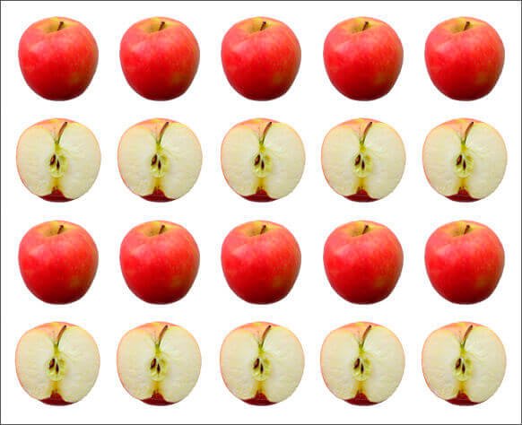 A picture showing four rows of apples, the first and third whole, the second and fourth cut in half, as a symbol of the measures of dispersion.