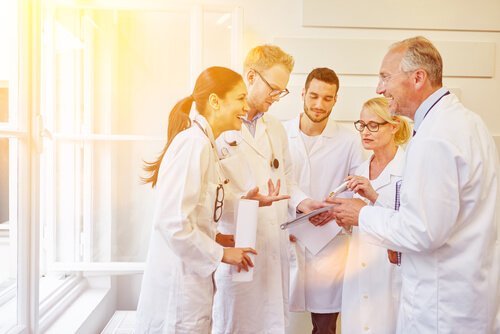 hospital staff laughing together