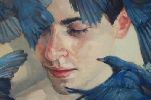 A man with male hysteria surrounded by blue birds.