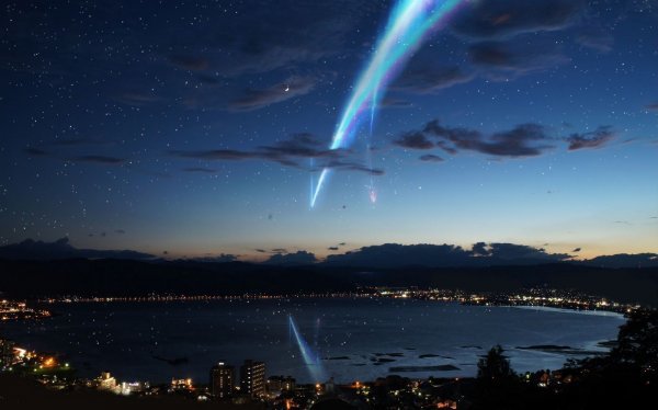 A ray of light in the darkness going towards a lake, a beautiful scene from Your Name