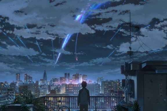 A young person looking over a city that seems to have meteors falling from the sky.