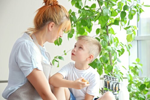 A mother talking to her child.