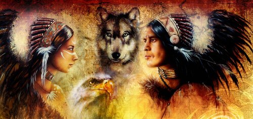 a native american couple with a wolf, representing a heroine's journey