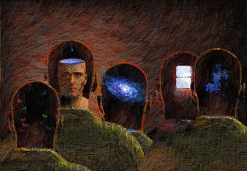 A painting of the back of men's heads.