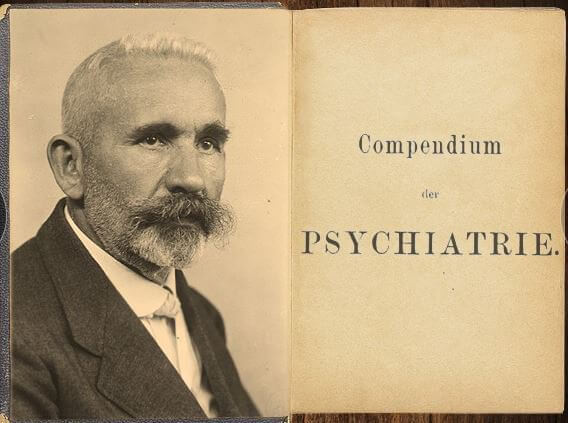 the first page of the original German edition of the Compendium of Psychiatry, with a photo of Emil Kraepelin on the left-hand page