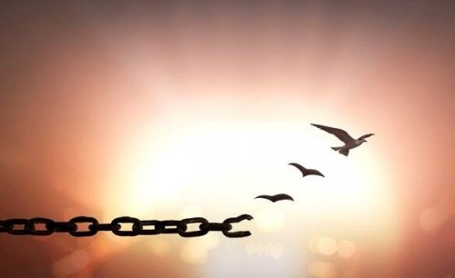 A chain breaking and turning into free birds.