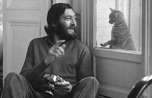 Cortázar sitting by a window and playing with a cat on the other side of it.