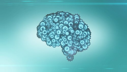 The brain made up of glowing blue cogs.