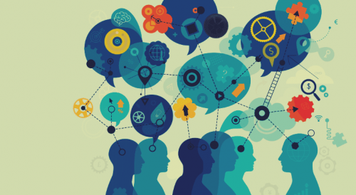 A group of people exchanging ideas with each other representing intelligence as a collective reality.