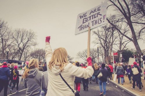 People protesting in the street.