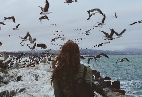 A woman surrounded by birds.