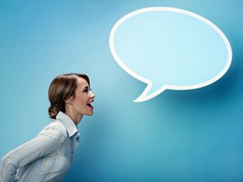 A woman with an oversized speech bubble.