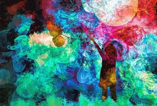 A girl with a balloon in a colorful environment.