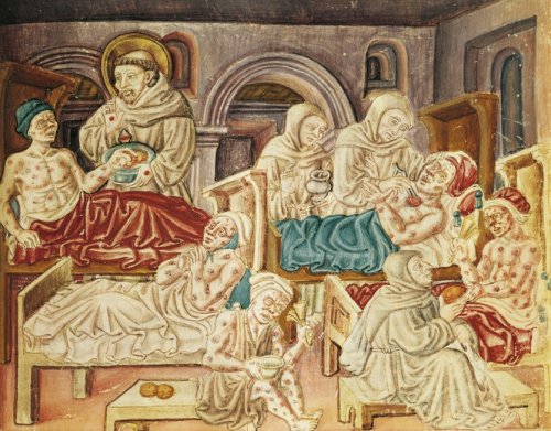 Victims of Black Death being treated at a hospice.