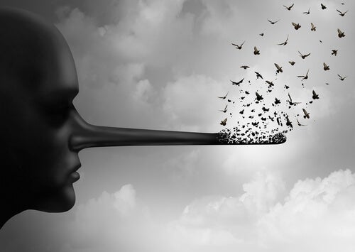 A face with a large nose that's turning into a flock of birds.