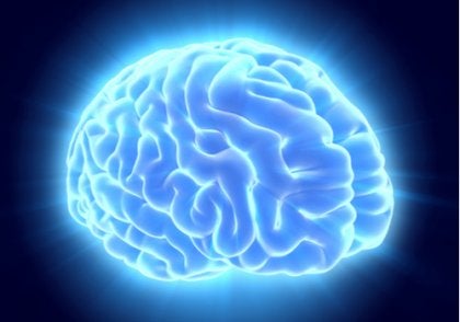 An illuminated blue brain.