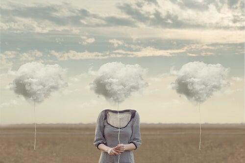 A person with no head holding a string connected to a cloud, like a balloon.