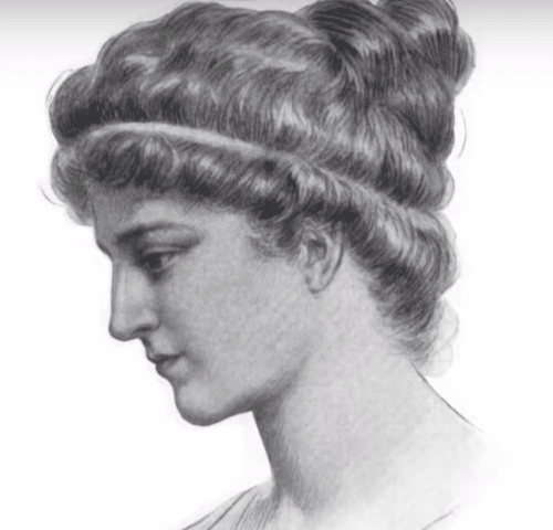 A black and white drawing of Hypatia of Alexandria.